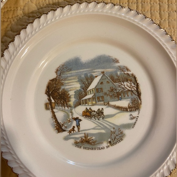 Currier & Ives Harkerware 10 1/2" Diam Serving Plate(1) , 6” Desert Plate (6) - Picture 2 of 10